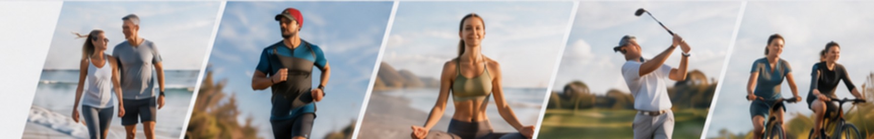 Adults walking, running, practicing yoga, golfing, and cycling